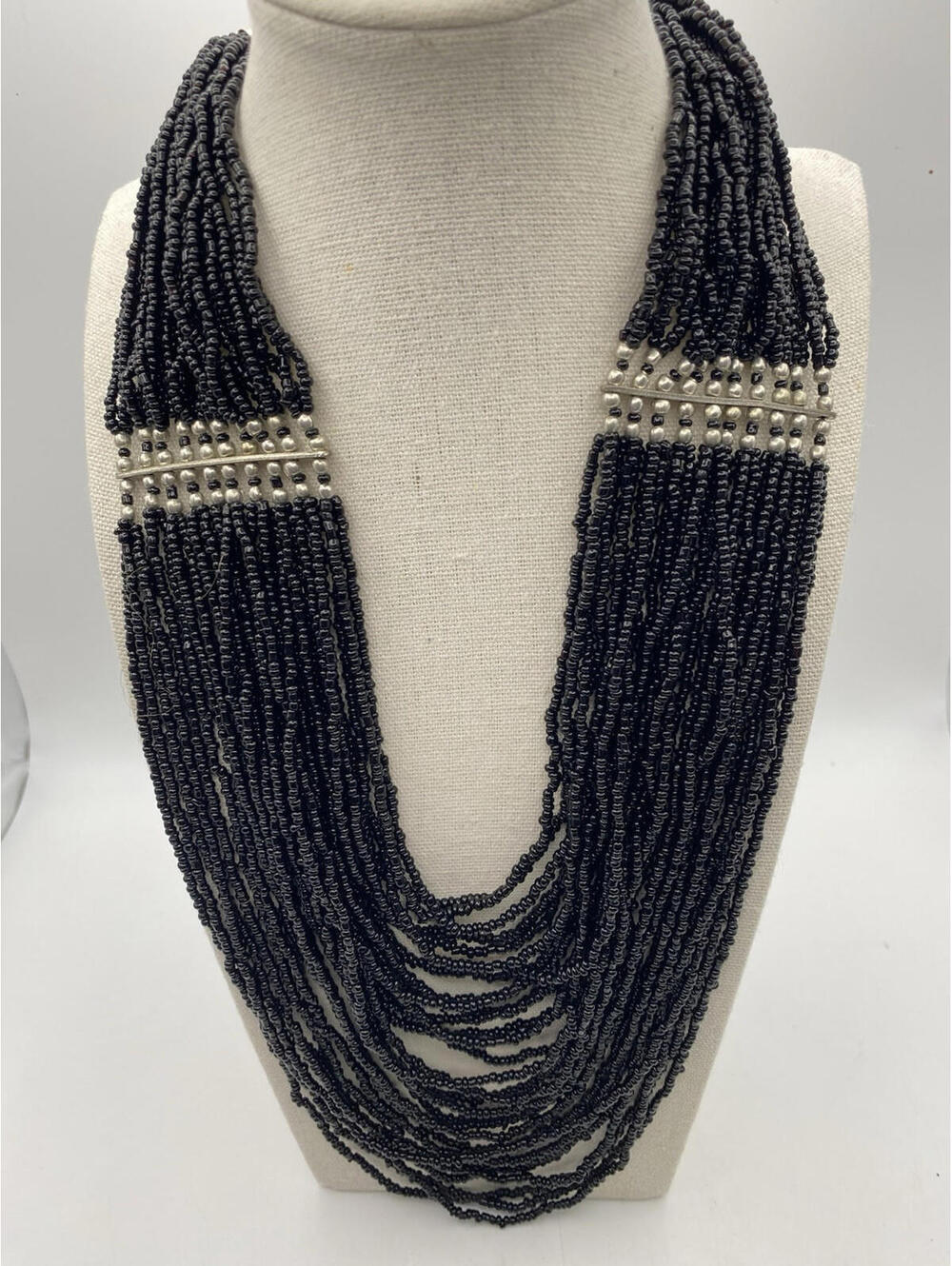 Vintage Black Seed Beaded Multi Strand Necklace